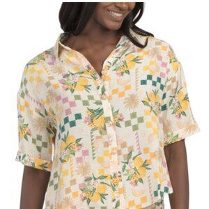NWT EAST OF JUNE Tropical Floral Lemon Yellow Cropped Woven Short Sleeve Top